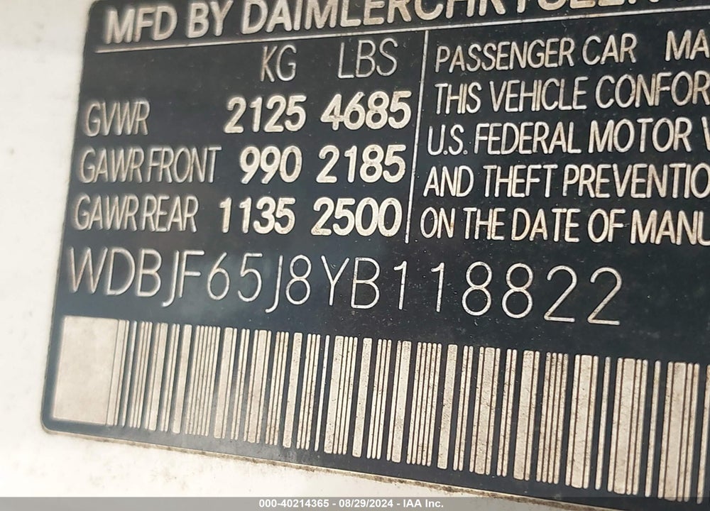 2000 MERCEDES-BENZ E 320 VIN: WDBJF65J8YB118822
