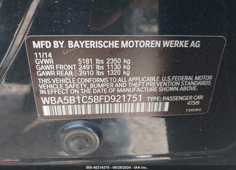 2015 BMW 535I VIN: WBA5B1C58FD921751
