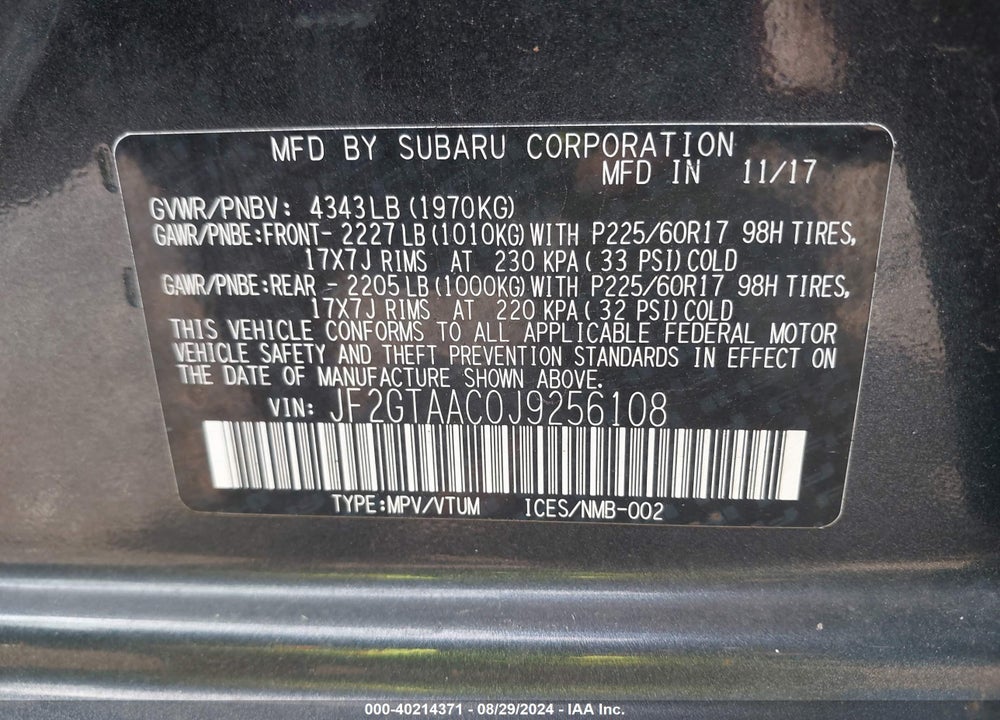 2018 SUBARU CROSSTREK 2.0I VIN: JF2GTAAC0J9256108