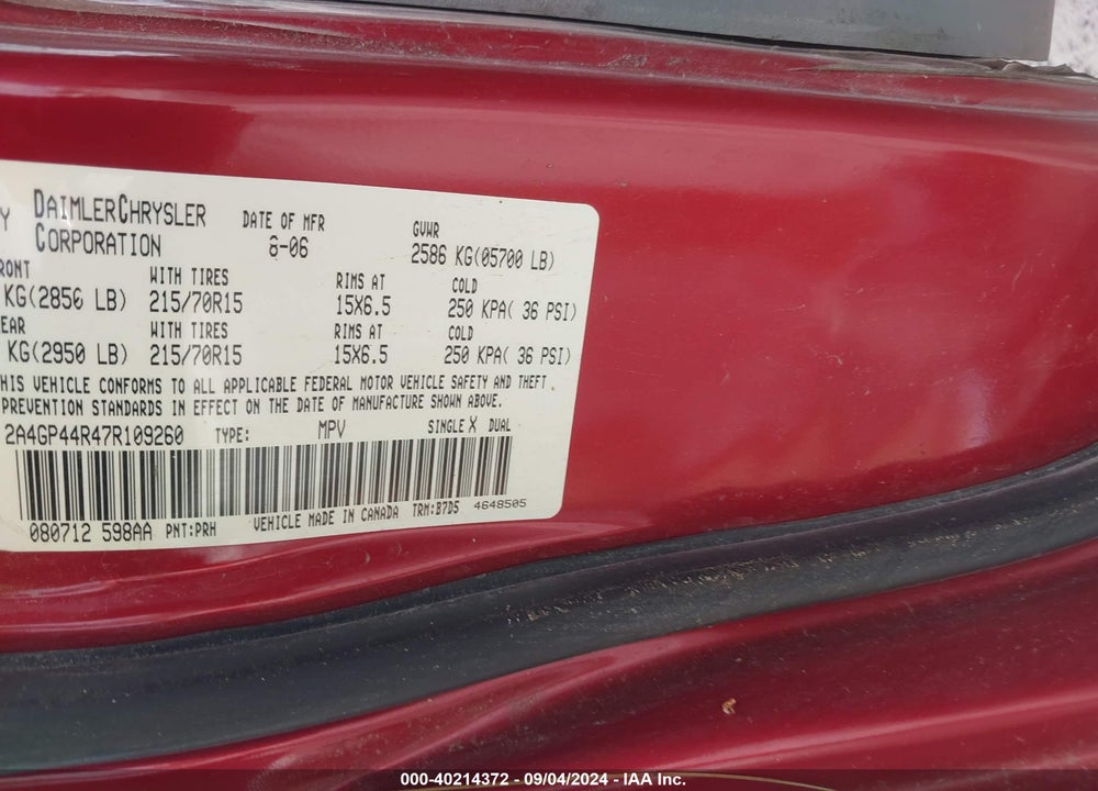 2007 CHRYSLER TOWN & COUNTRY VIN: 2A4GP44R47R109260