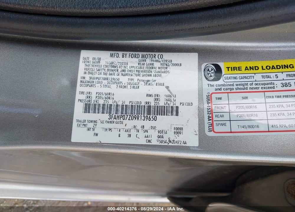 2009 FORD FUSION VIN: 3FAHP07Z09R139650