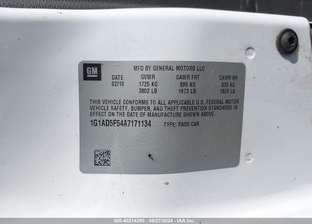 2010 CHEVROLET COBALT LT VIN: 1G1AD5F54A7171134