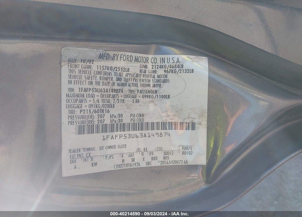 2003 FORD TAURUS SE VIN: 1FAFP53U63A149874