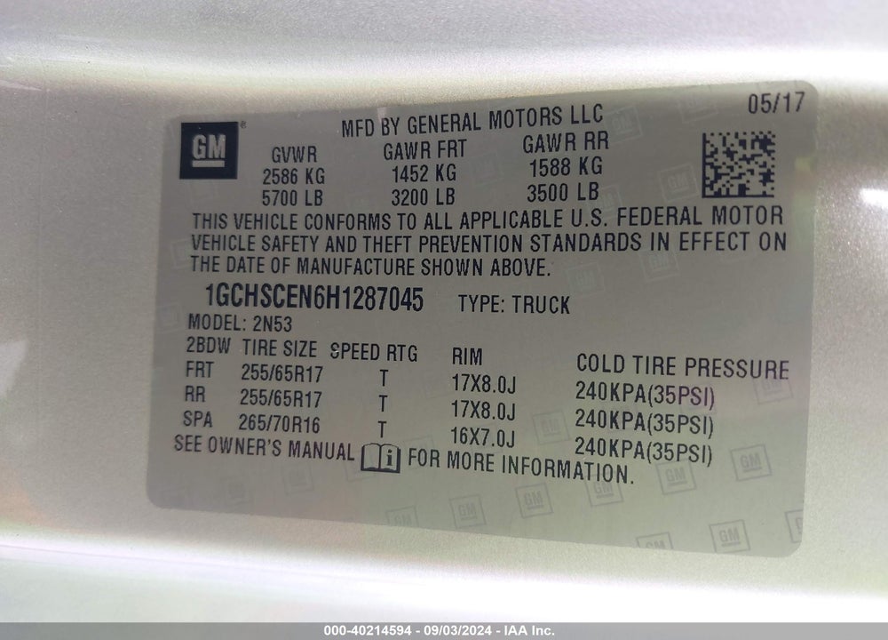 2017 CHEVROLET COLORADO LT VIN: 1GCHSCEN6H1287045