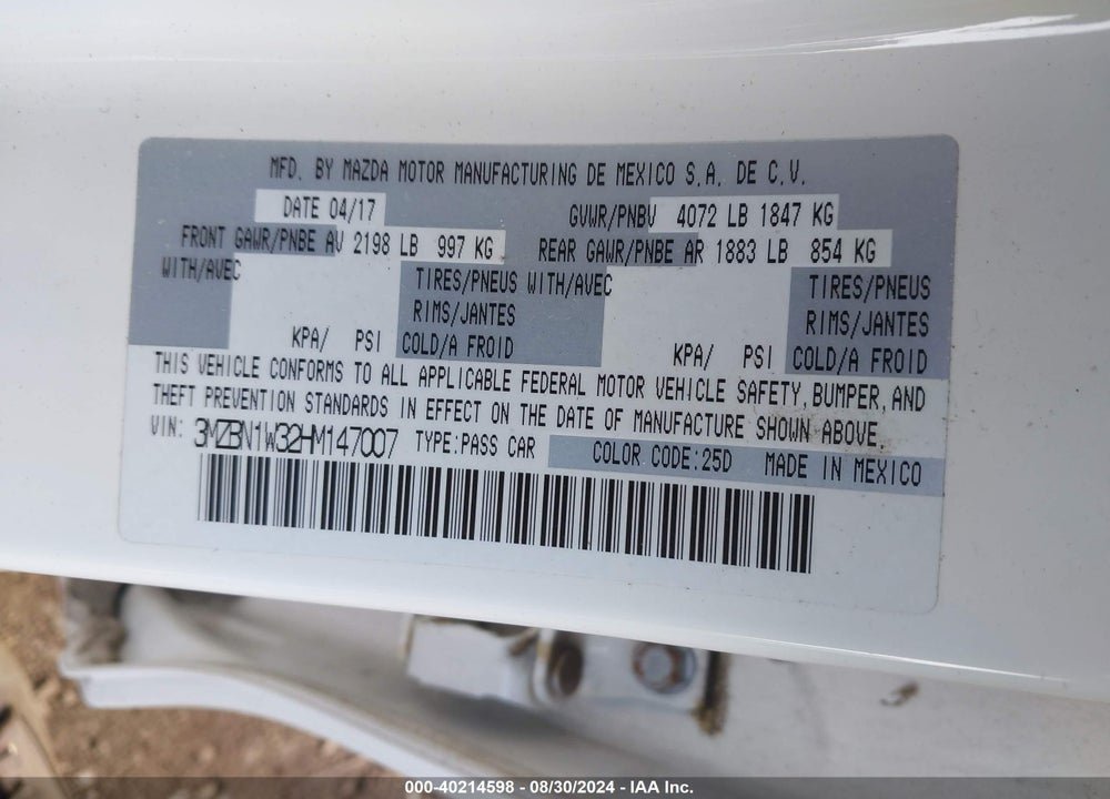 2017 MAZDA 3 GRAND TOURING VIN: 3MZBN1W32HM147007