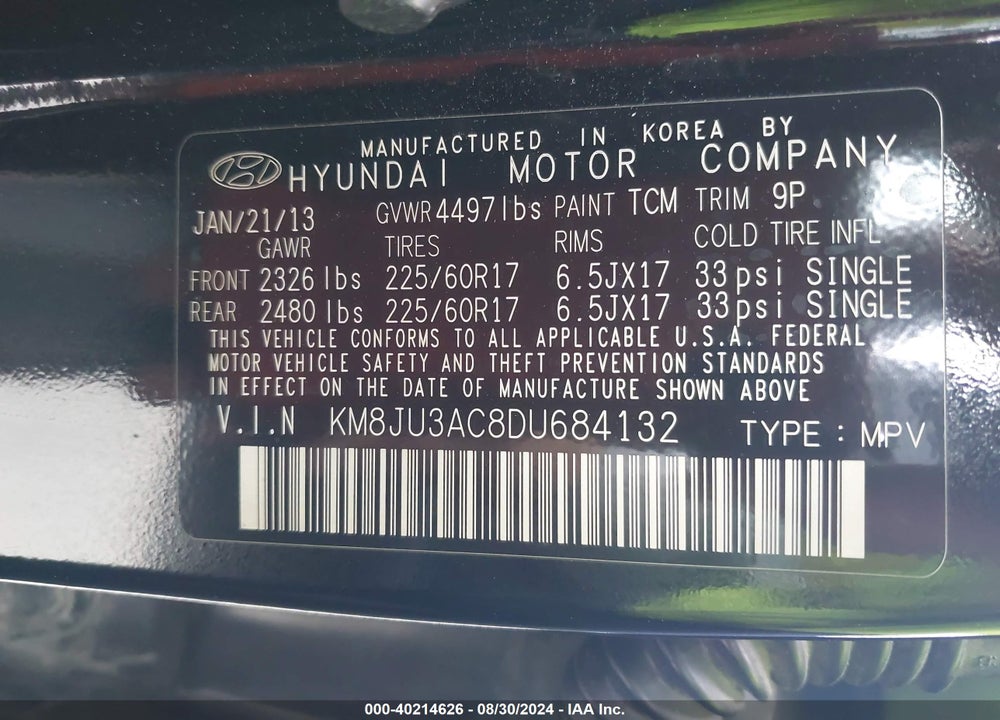 2013 HYUNDAI TUCSON GLS VIN: KM8JU3AC8DU684132