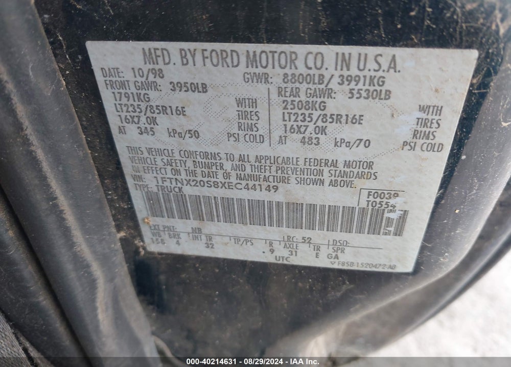 1999 FORD F-250 LARIAT/XL/XLT VIN: 1FTNX20S8XEC44149