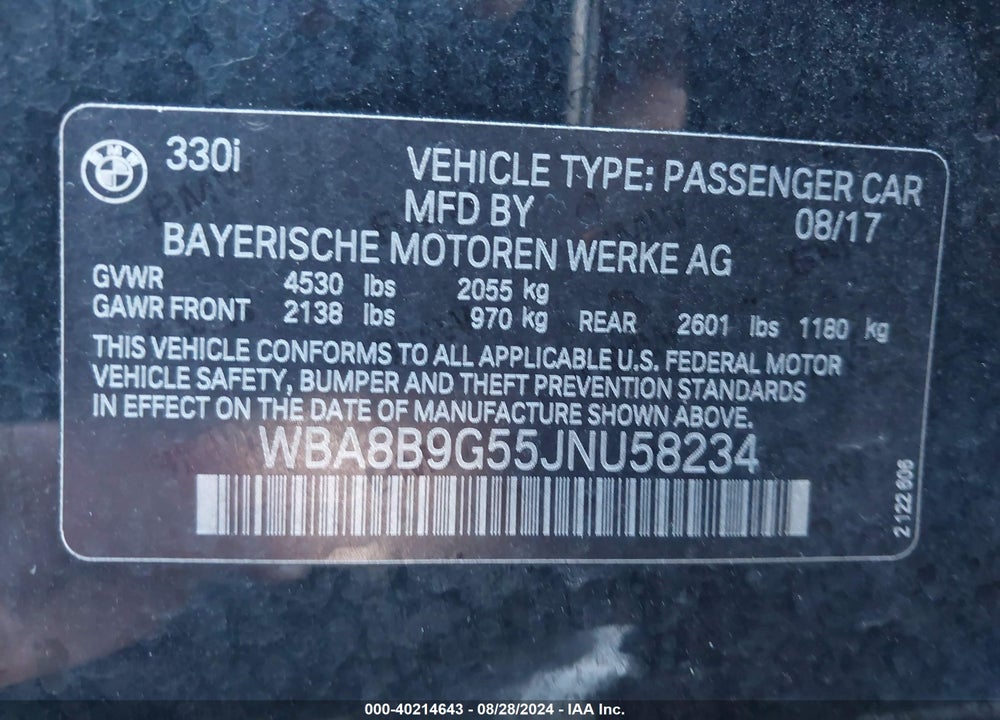 2018 BMW 330I VIN: WBA8B9G55JNU58234