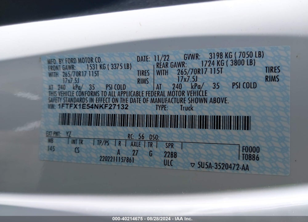 2022 FORD F-150 XL VIN: 1FTFX1E54NKF27132