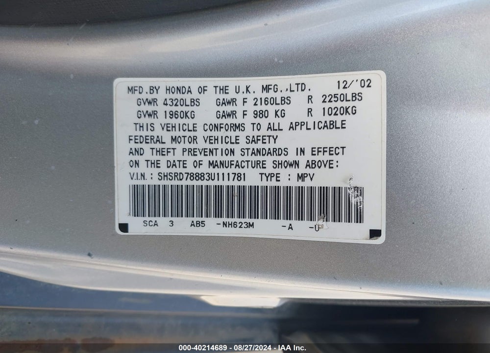 2003 HONDA CR-V EX VIN: SHSRD78883U111781