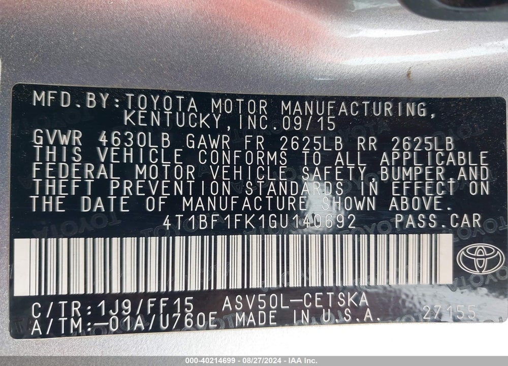 2016 TOYOTA CAMRY SE VIN: 4T1BF1FK1GU140692