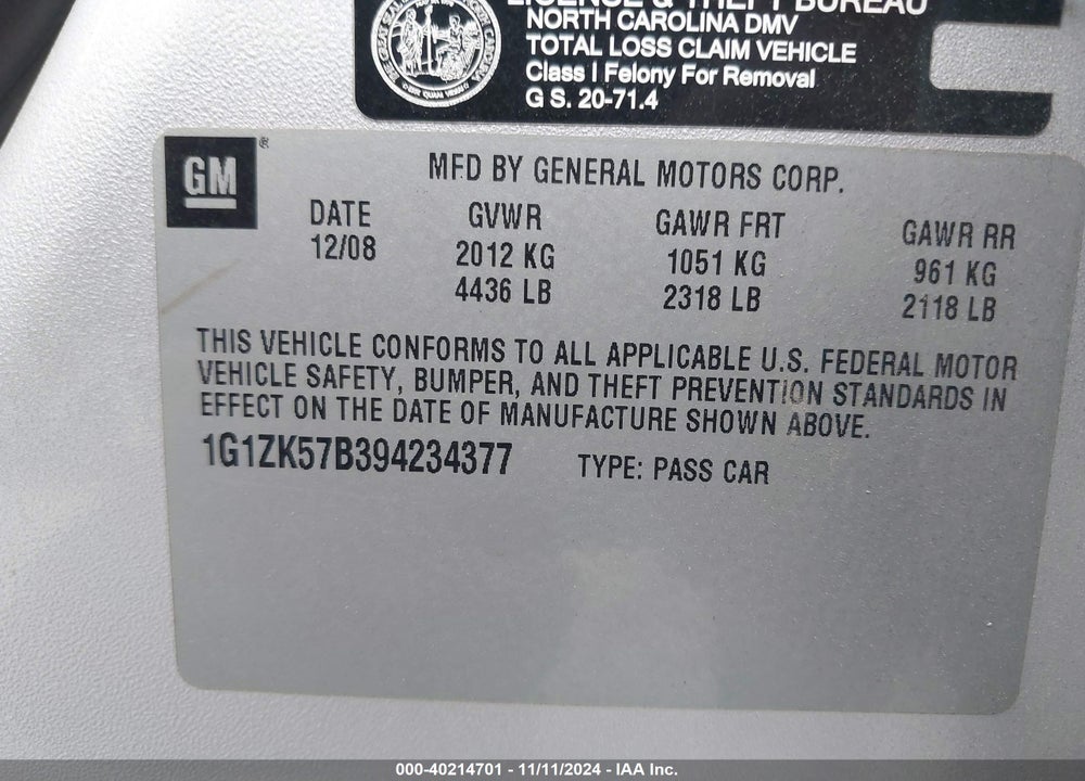 2009 CHEVROLET MALIBU LTZ VIN: 1G1ZK57B394234377