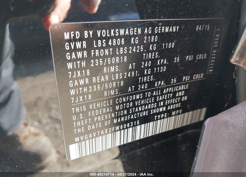 2015 VOLKSWAGEN TIGUAN SE VIN: WVGAV7AX2FW606315