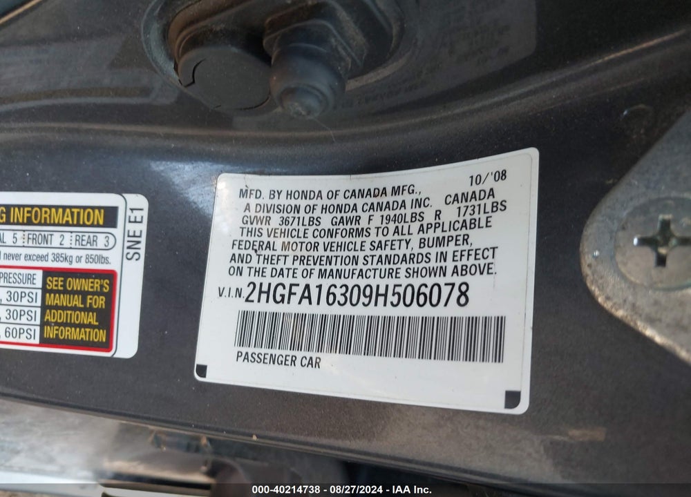 2009 HONDA CIVIC VP VIN: 2HGFA16309H506078