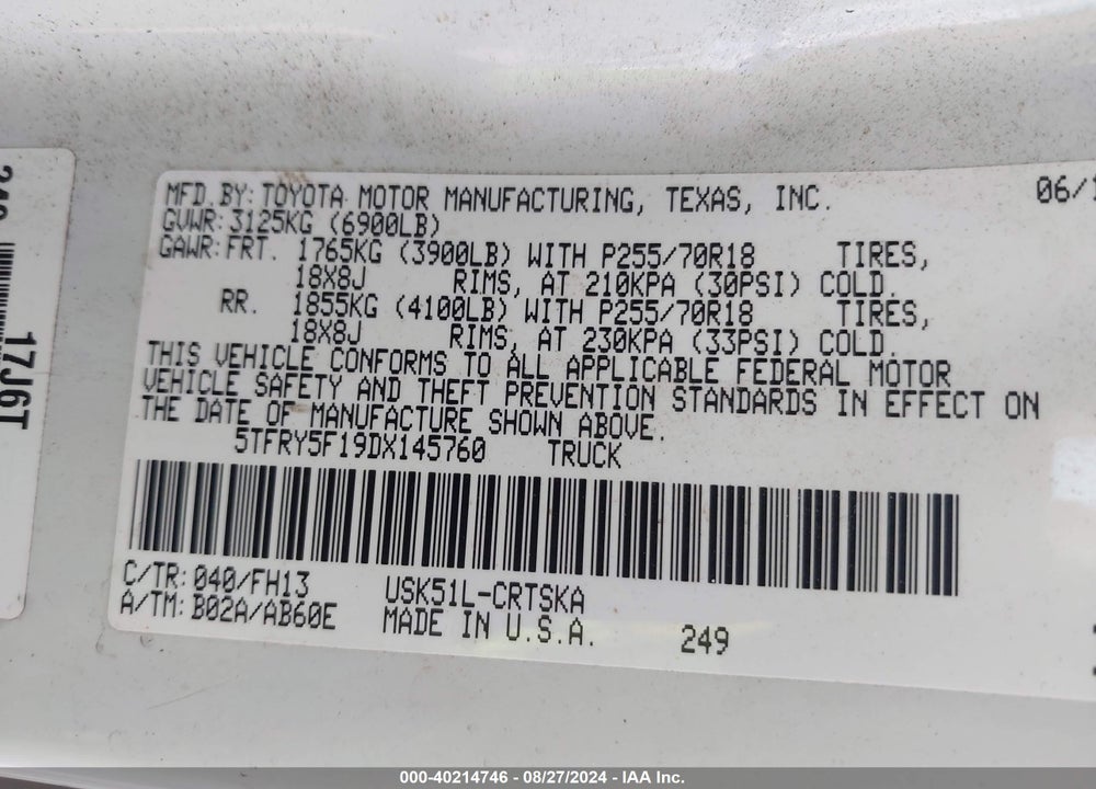 2013 TOYOTA TUNDRA GRADE 5.7L V8 VIN: 5TFRY5F19DX145760
