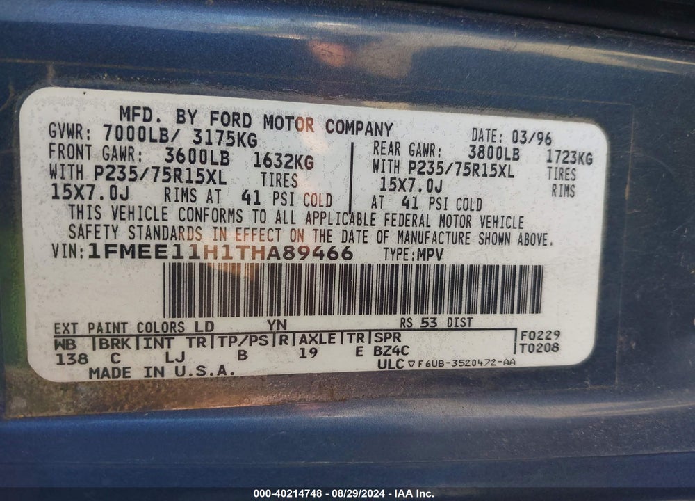 1996 FORD ECONOLINE E150 VIN: 1FMEE11H1THA89466