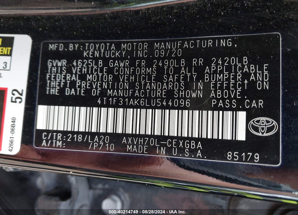 2020 TOYOTA CAMRY XLE HYBRID VIN: 4T1F31AK6LU544096