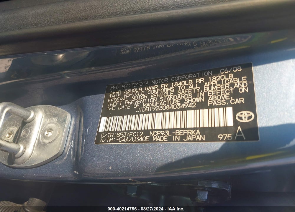 2008 TOYOTA YARIS VIN: JTDBT923084034942