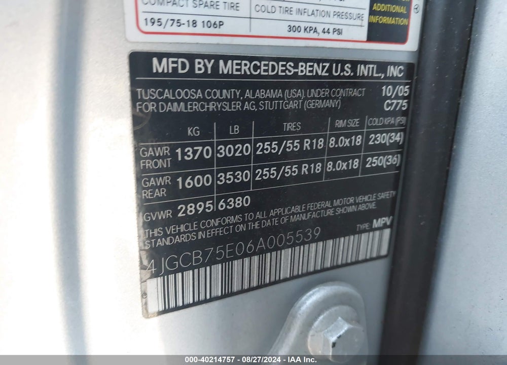 2006 MERCEDES-BENZ R 500 4MATIC VIN: 4JGCB75E06A005539