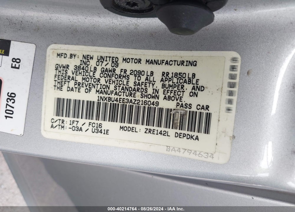 2010 TOYOTA COROLLA LE VIN: 1NXBU4EE3AZ216049