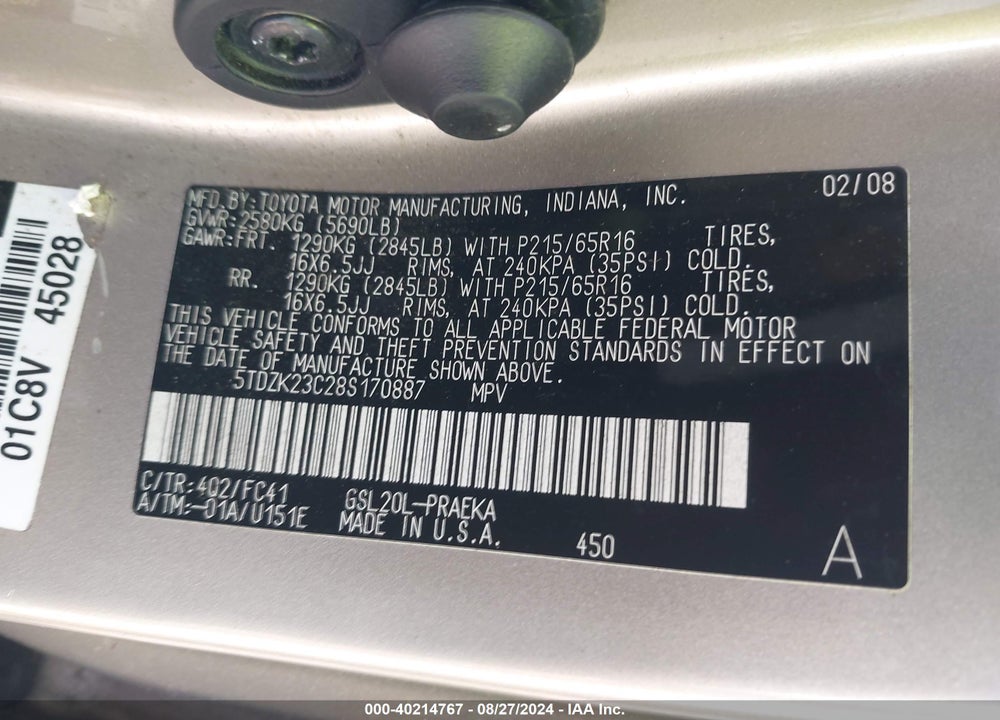 2008 TOYOTA SIENNA LE VIN: 5TDZK23C28S170887