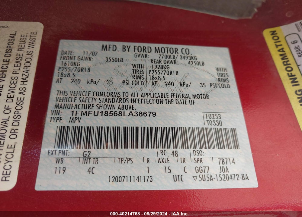 2008 FORD EXPEDITION EDDIE BAUER/KING RANCH VIN: 1FMFU18568LA38679