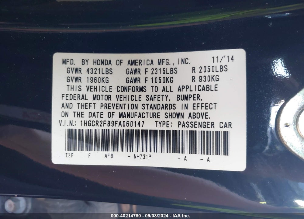 2015 HONDA ACCORD EX-L VIN: 1HGCR2F89FA060147
