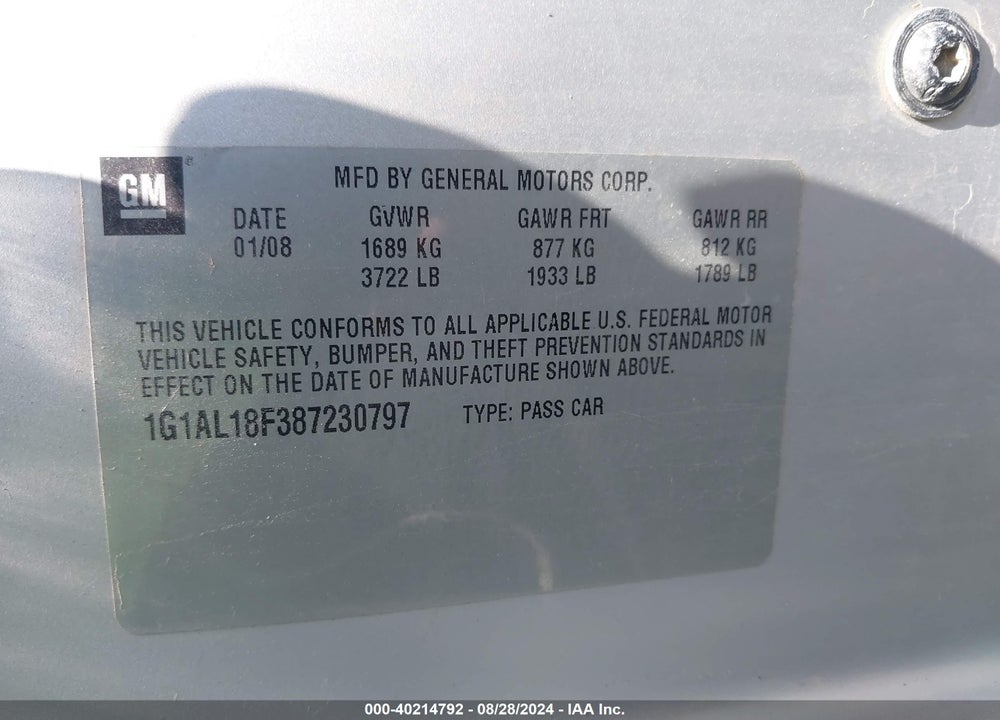 2008 CHEVROLET COBALT LT VIN: 1G1AL18F387230797