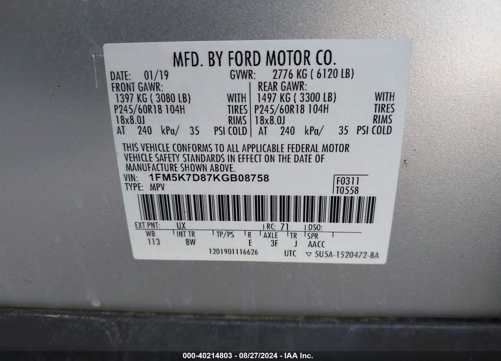 2019 FORD EXPLORER XLT VIN: 1FM5K7D87KGB08758