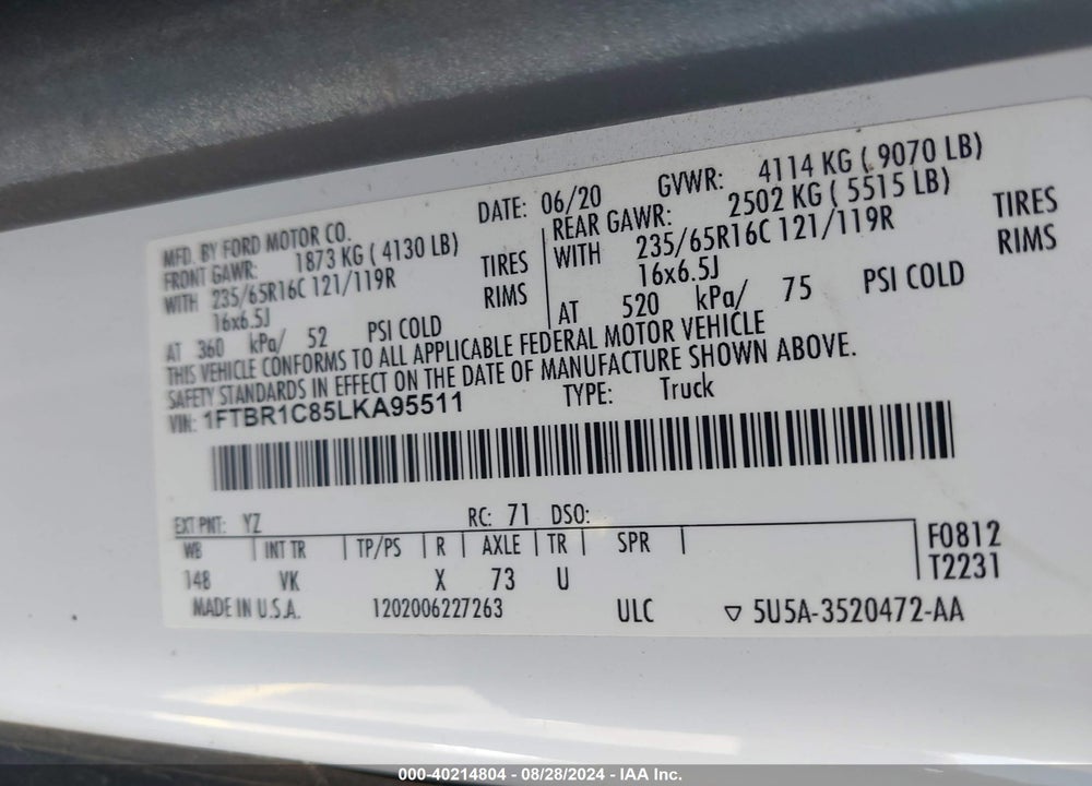 2020 FORD TRANSIT-250 VIN: 1FTBR1C85LKA95511