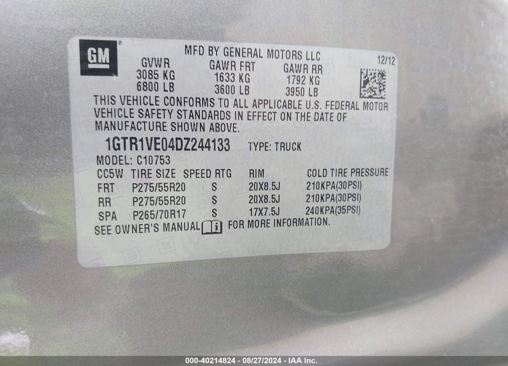 2013 GMC SIERRA 1500 SLE VIN: 1GTR1VE04DZ244133
