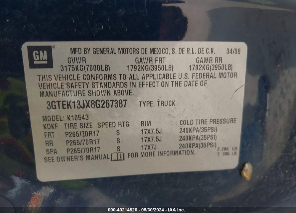 2008 GMC SIERRA 1500 SLE1 VIN: 3GTEK13JX8G267387