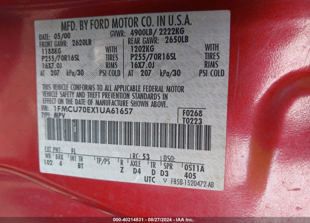 2001 FORD EXPLORER SPORT VIN: 1FMCU70EX1UA61657