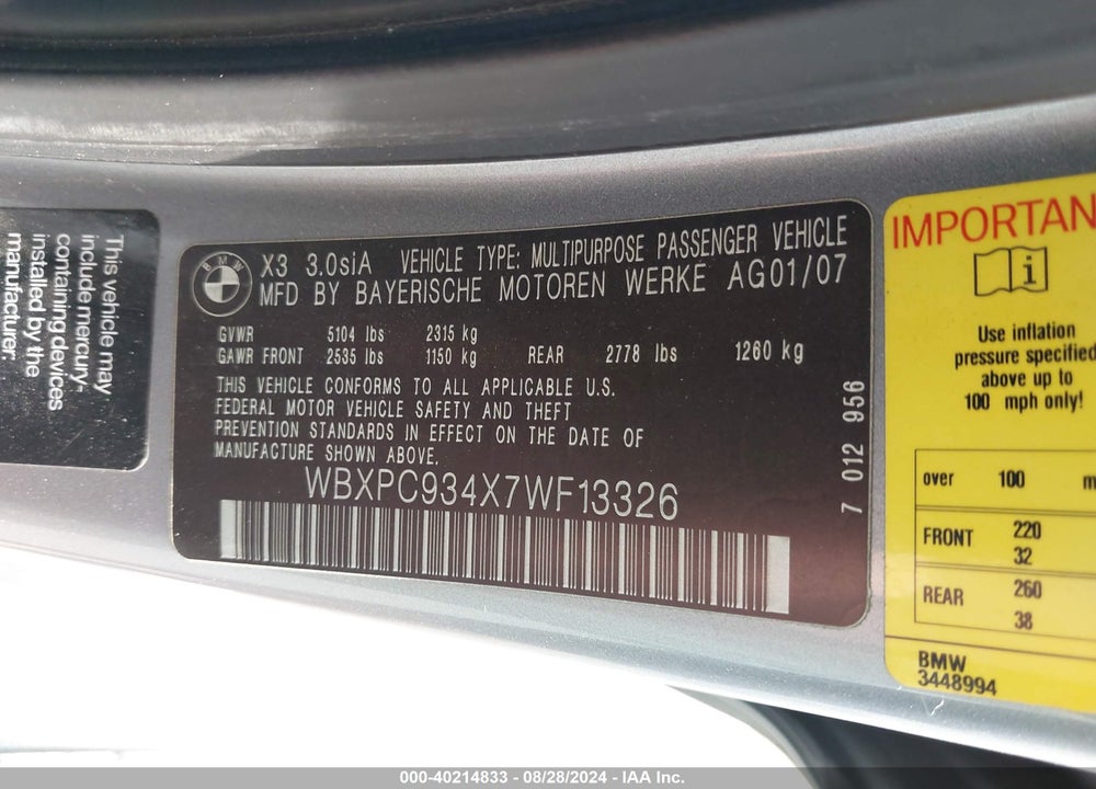2007 BMW X3 3.0SI VIN: WBXPC934X7WF13326