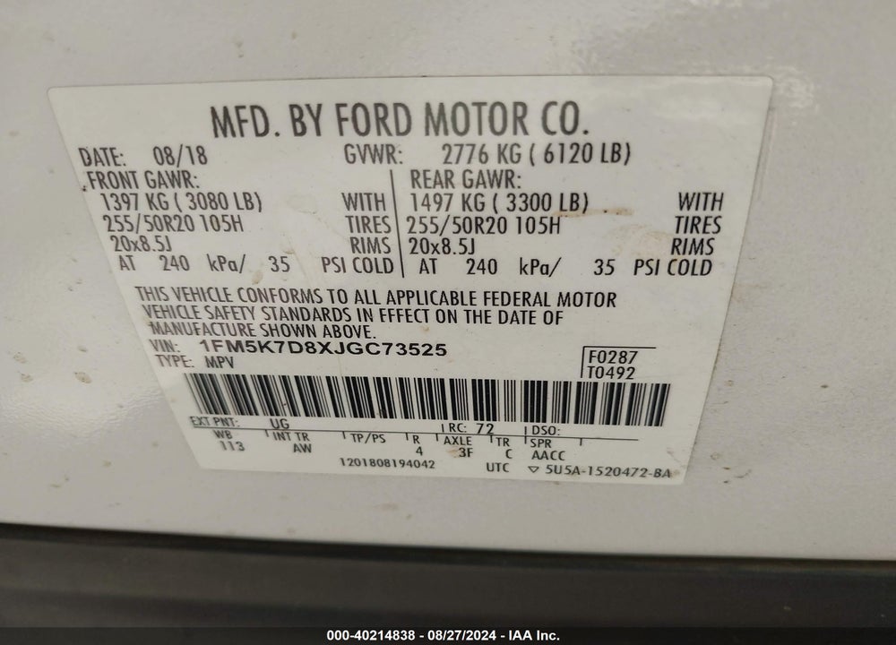 2018 FORD EXPLORER XLT VIN: 1FM5K7D8XJGC73525