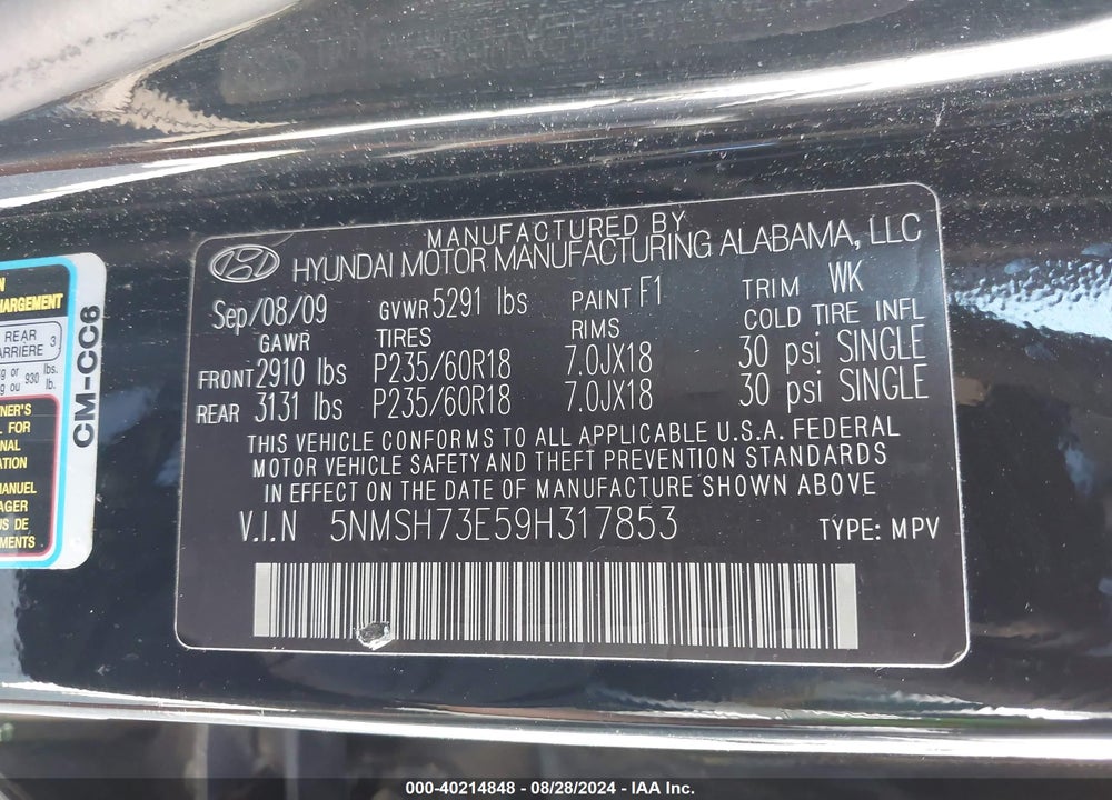 2009 HYUNDAI SANTA FE LIMITED VIN: 5NMSH73E59H317853