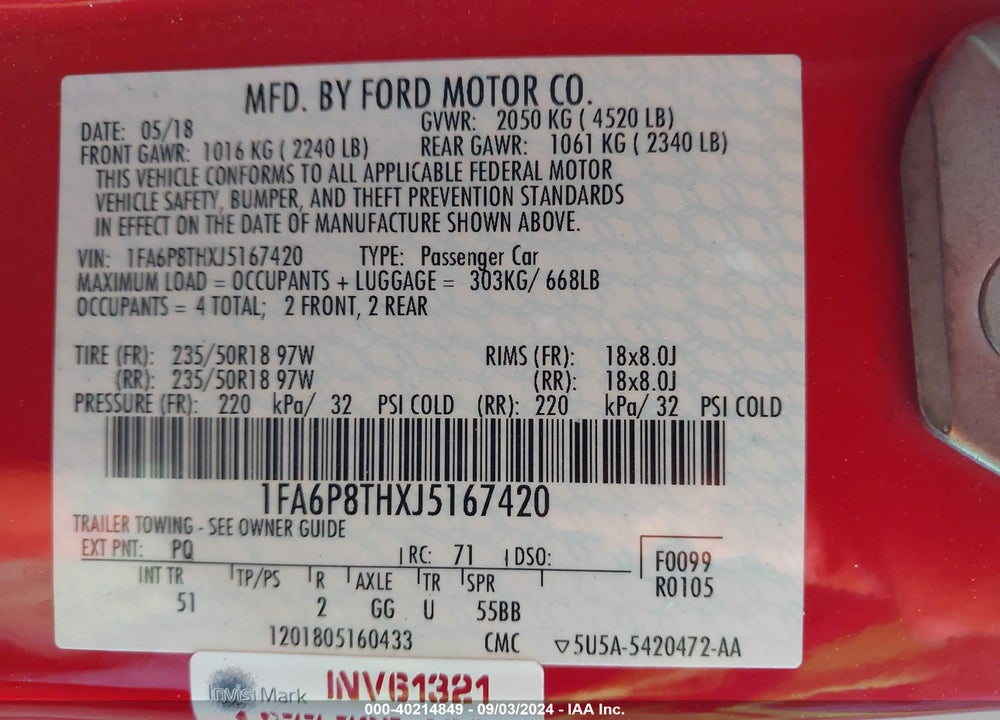 2018 FORD MUSTANG ECOBOOST VIN: 1FA6P8THXJ5167420