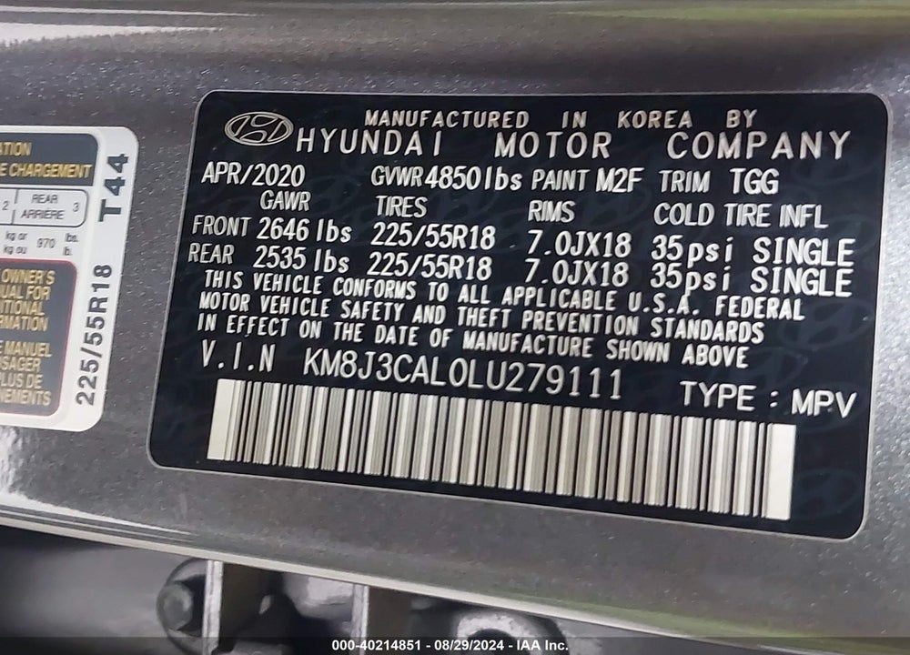 2020 HYUNDAI TUCSON SEL VIN: KM8J3CAL0LU279111