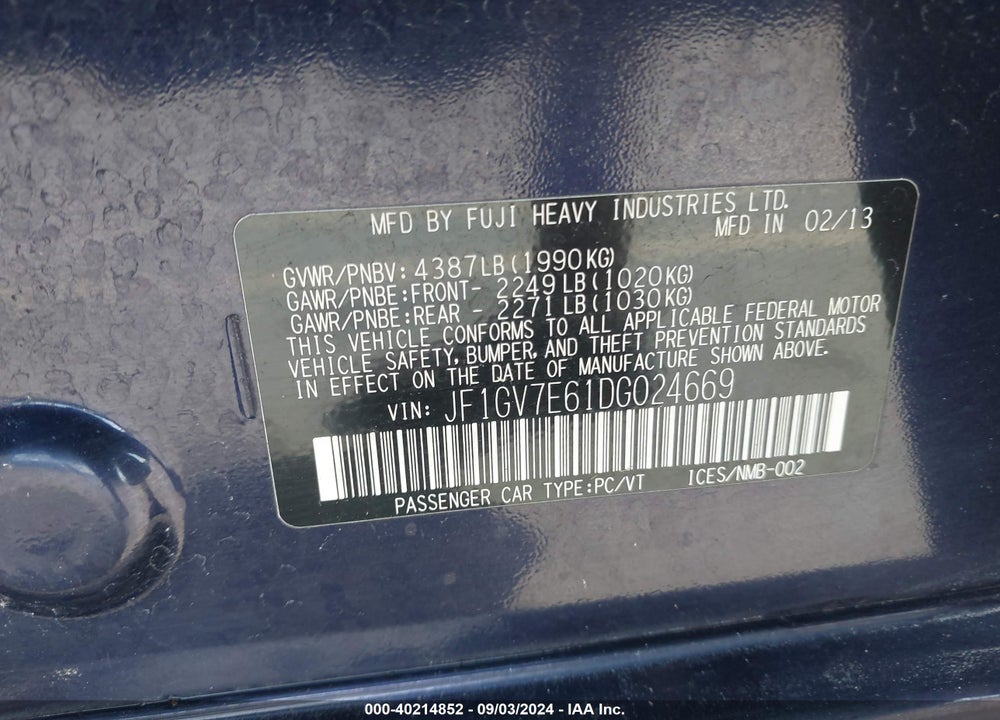 2013 SUBARU IMPREZA WRX VIN: JF1GV7E61DG024669