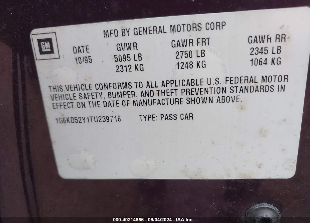 1996 CADILLAC DEVILLE VIN: 1G6KD52Y1TU239716
