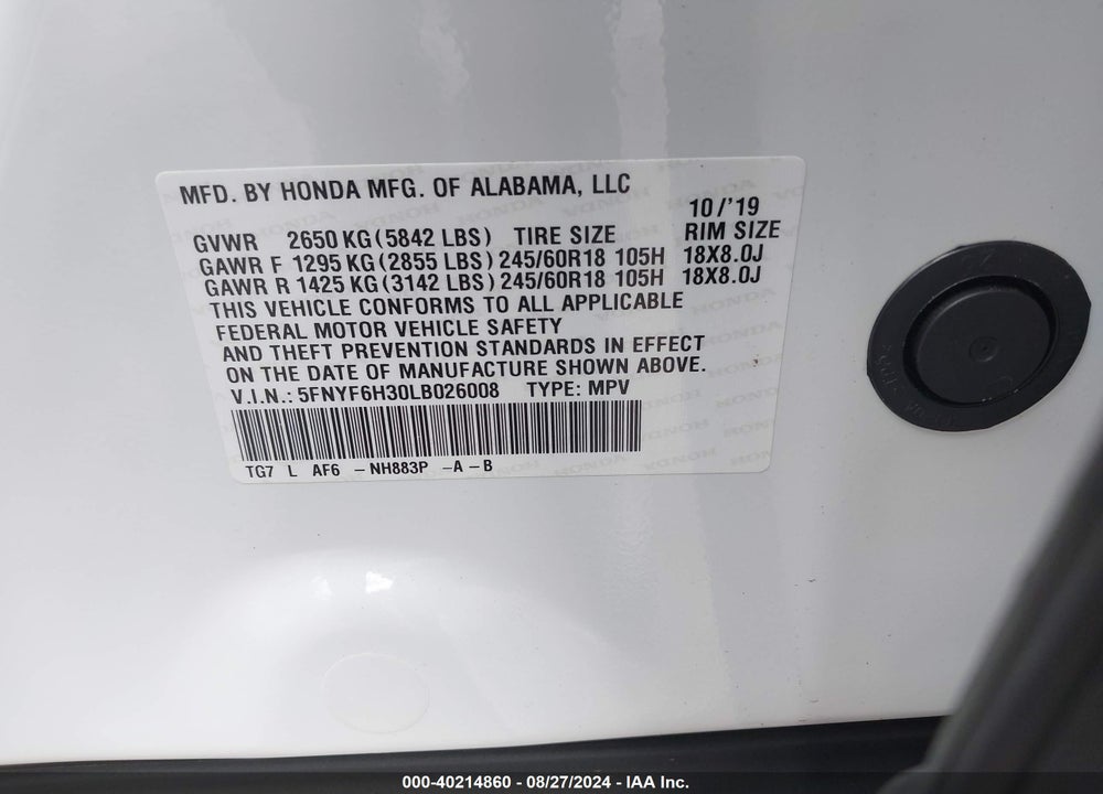 2020 HONDA PILOT AWD EX VIN: 5FNYF6H30LB026008