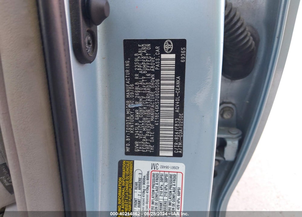 2007 TOYOTA CAMRY VIN: 4T1BE46K57U600506