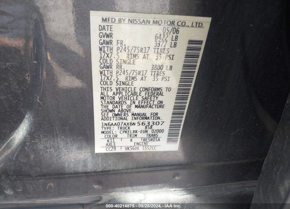 2006 NISSAN TITAN VIN: 1N6AA07AX6N563307