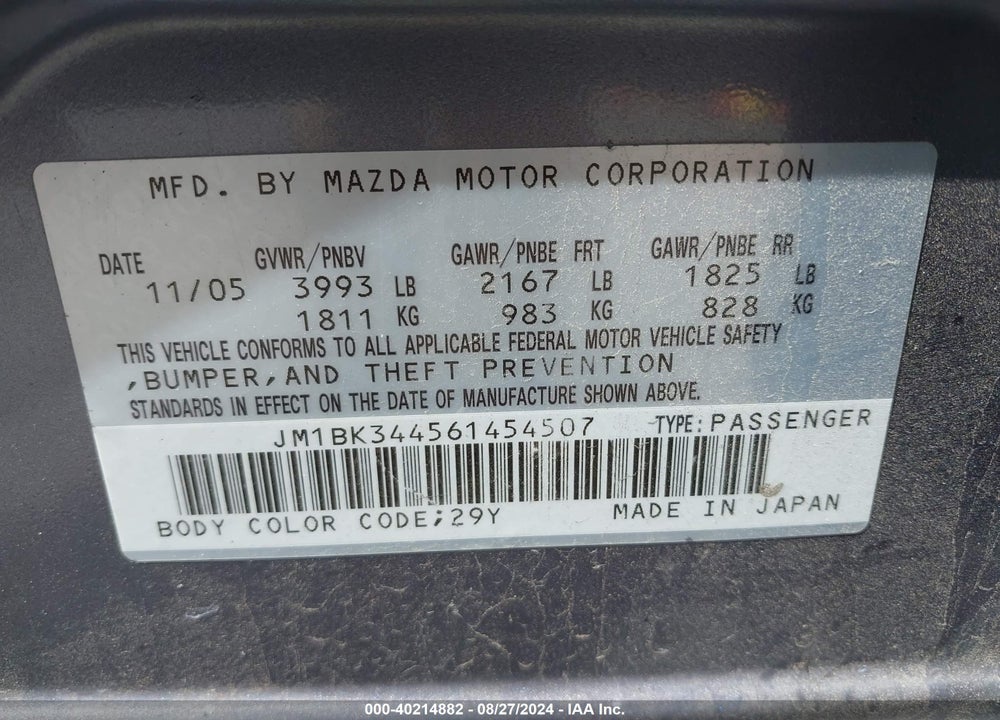 2006 MAZDA 3 S GRAND TOURING VIN: JM1BK344561454507
