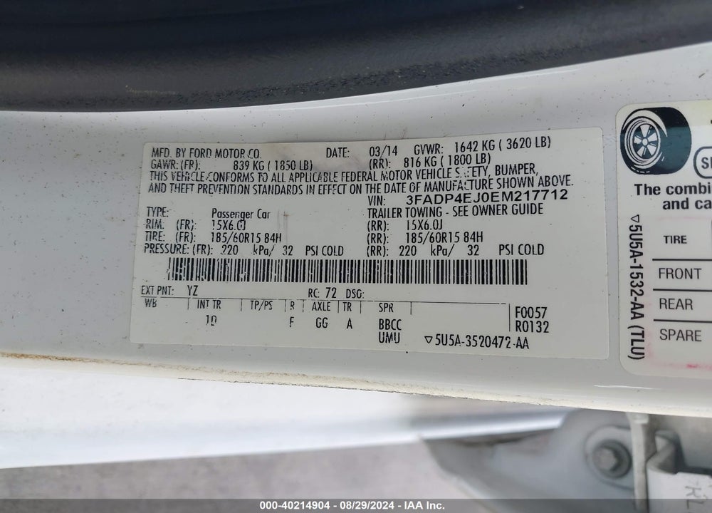 2014 FORD FIESTA SE VIN: 3FADP4EJ0EM217712