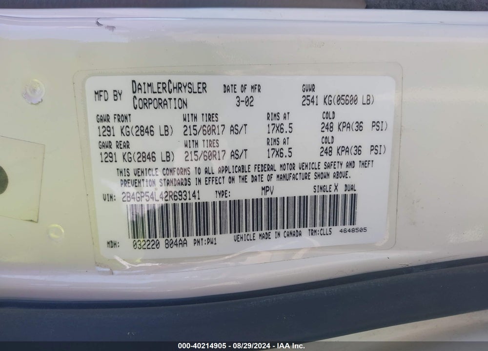 2002 DODGE GRAND CARAVAN ES VIN: 2B4GP54L42R693141
