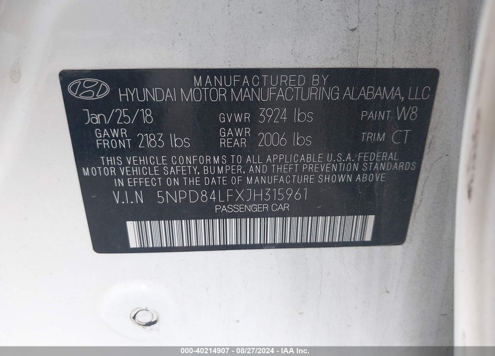 2018 HYUNDAI ELANTRA VALUE EDITION VIN: 5NPD84LFXJH315961