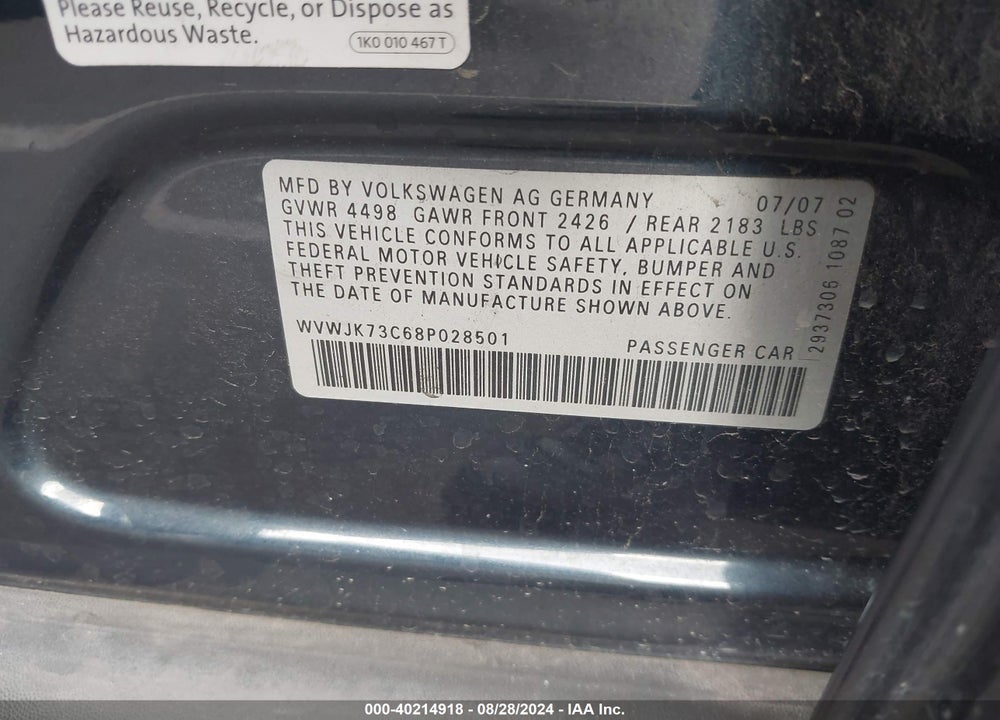 2008 VOLKSWAGEN PASSAT TURBO VIN: WVWJK73C68P028501
