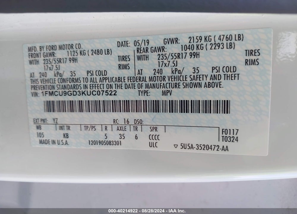 2019 FORD ESCAPE SE VIN: 1FMCU9GD3KUC07522