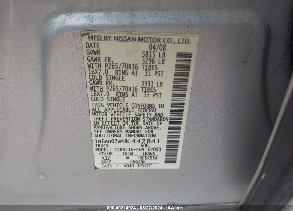 2008 NISSAN FRONTIER SE VIN: 1N6AD07W48C442841